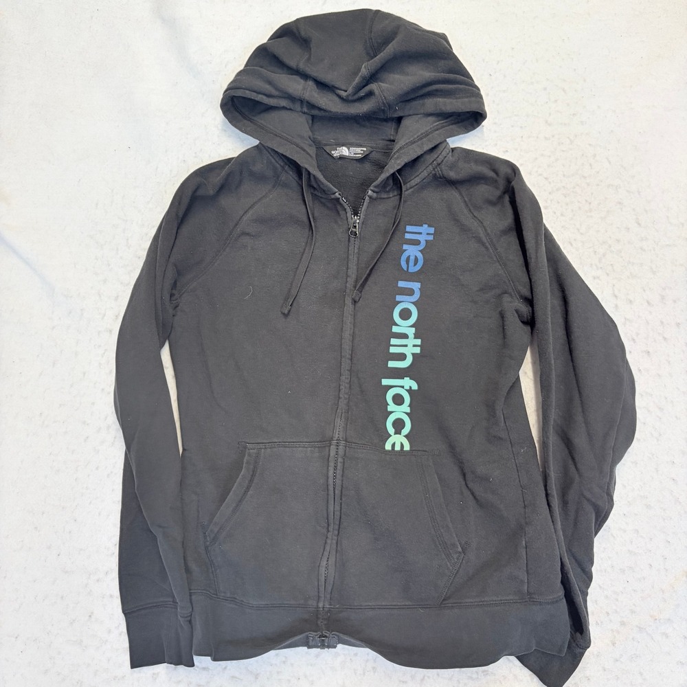 The North Face Full Zip Hoodie Womens Large Black Vertical Logo Fleece Raglan